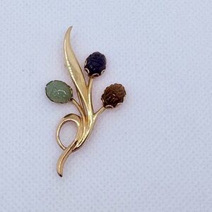 Vintage 14k 1/20 Gold Filled Scarab Flower Pin Tigers Eye Lapis Jade 1.5” Lapel